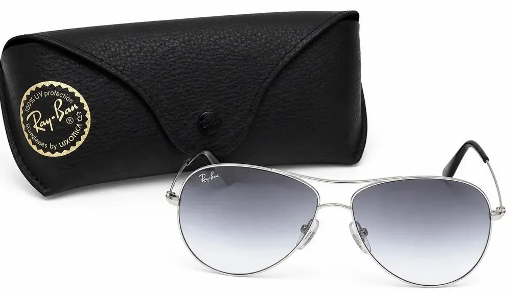 RAY-BAN Aviator Sunglasses Silver Frame Men/Women Gradient Grey Lens With Case